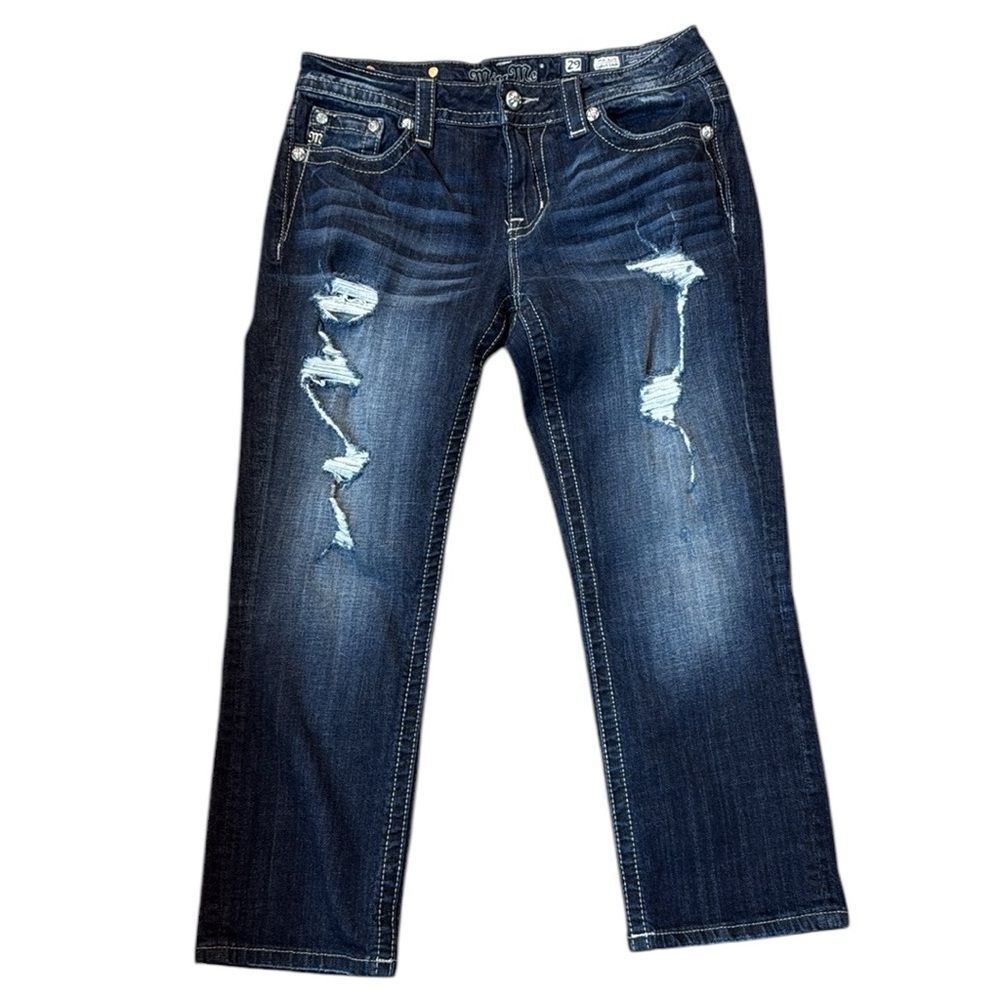 Miss Me Womens Mid-Rise Curvy‎ Cropped Stretch Rhinestone Blue Jeans SZ 29